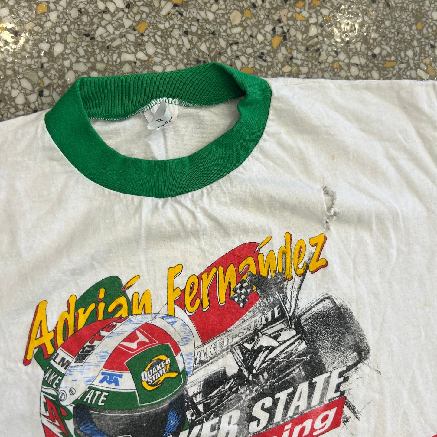 Adrian Fernandez Quaker State Racing White Green Tshirt - Large - 23" x 27.5"