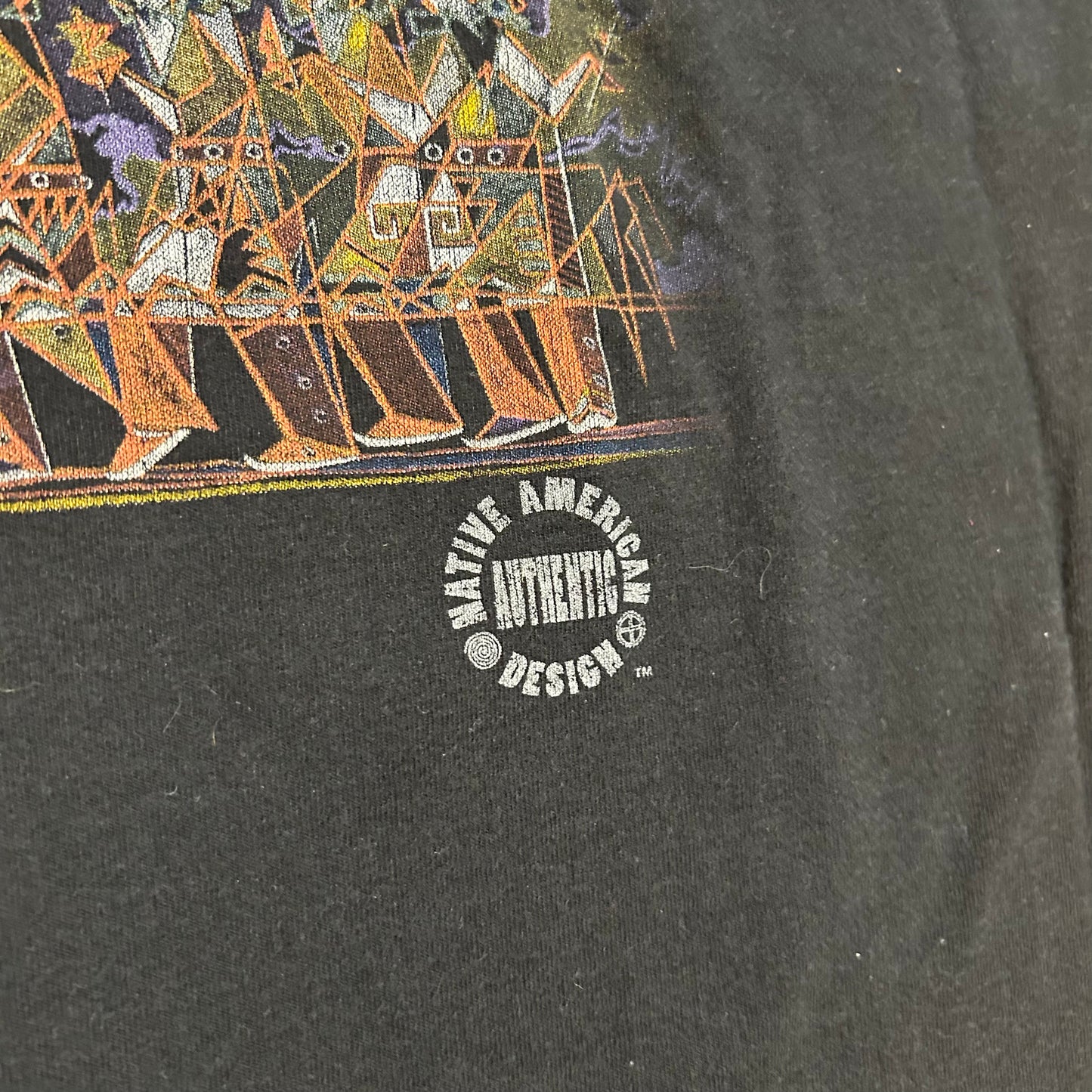 90’s Warrior Camping Fire Authentic Native American Design 1994 Black Cotton Tshirt - Large - 23.5" x 30.5"