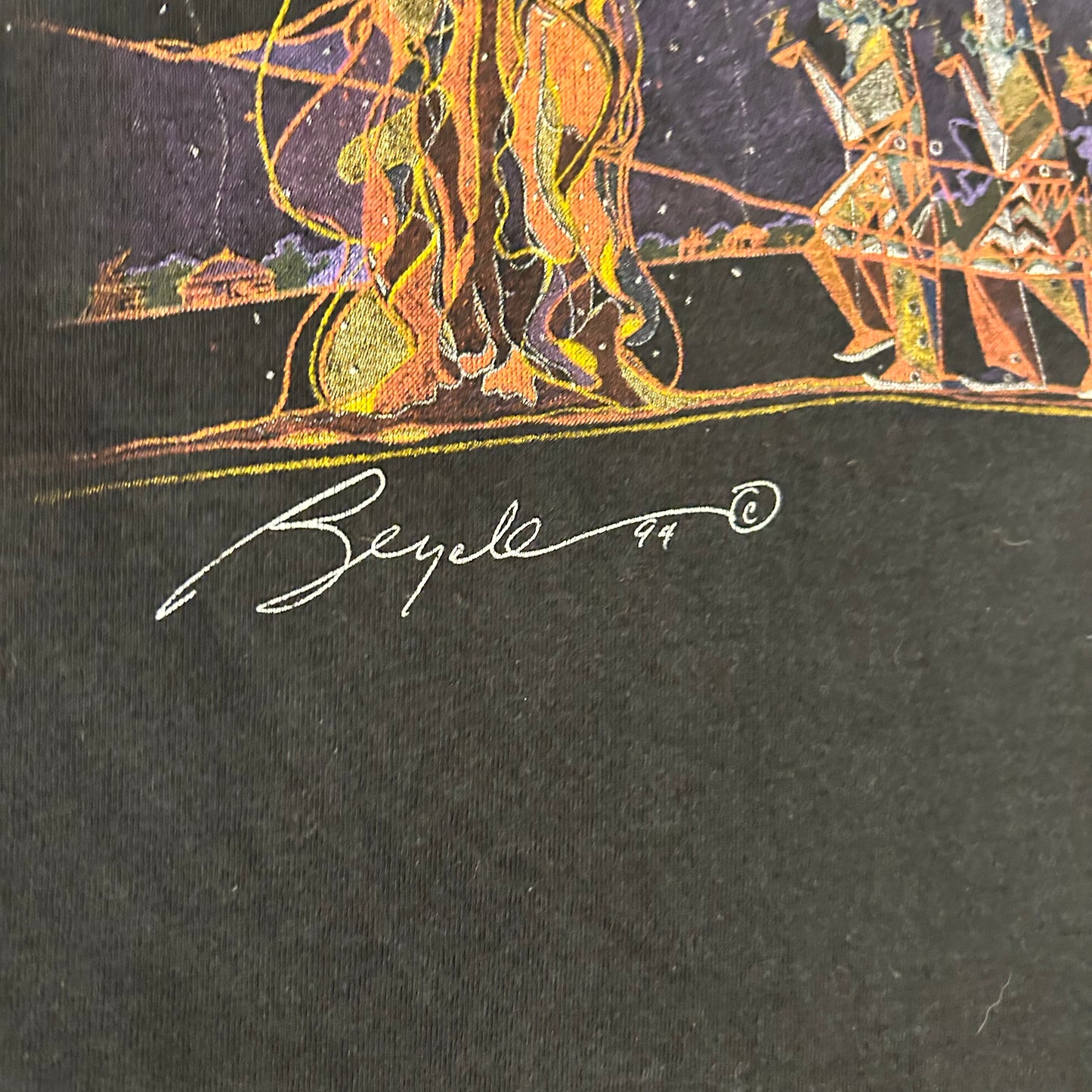 90’s Warrior Camping Fire Authentic Native American Design 1994 Black Cotton Tshirt - Large - 23.5" x 30.5"