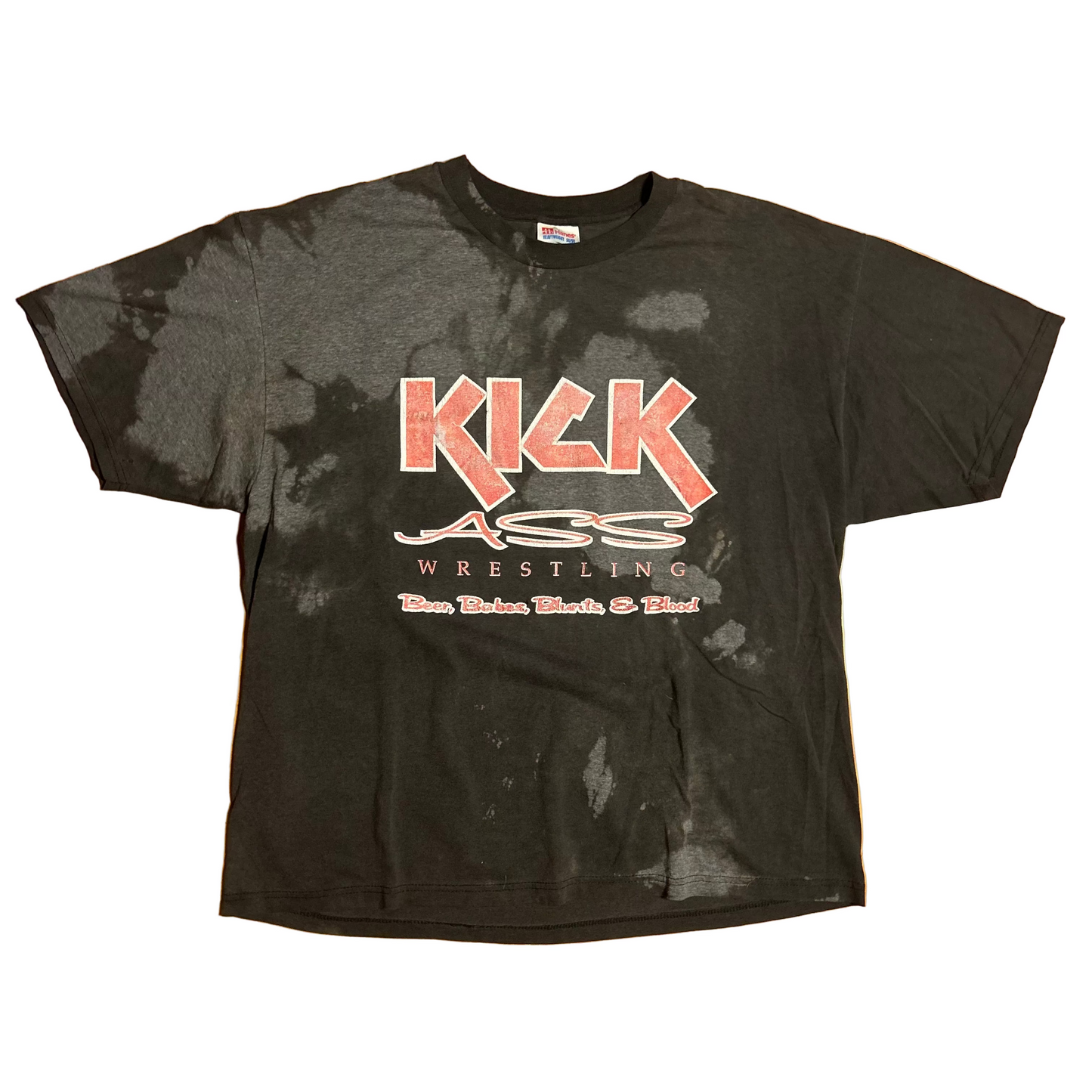 00’s Hanes Heavyweight Kick Ass Wrestling Beer Babes Blunts Blood Black Grey Faded Dyed Cotton Tshirt - XLarge - 24" x 28"