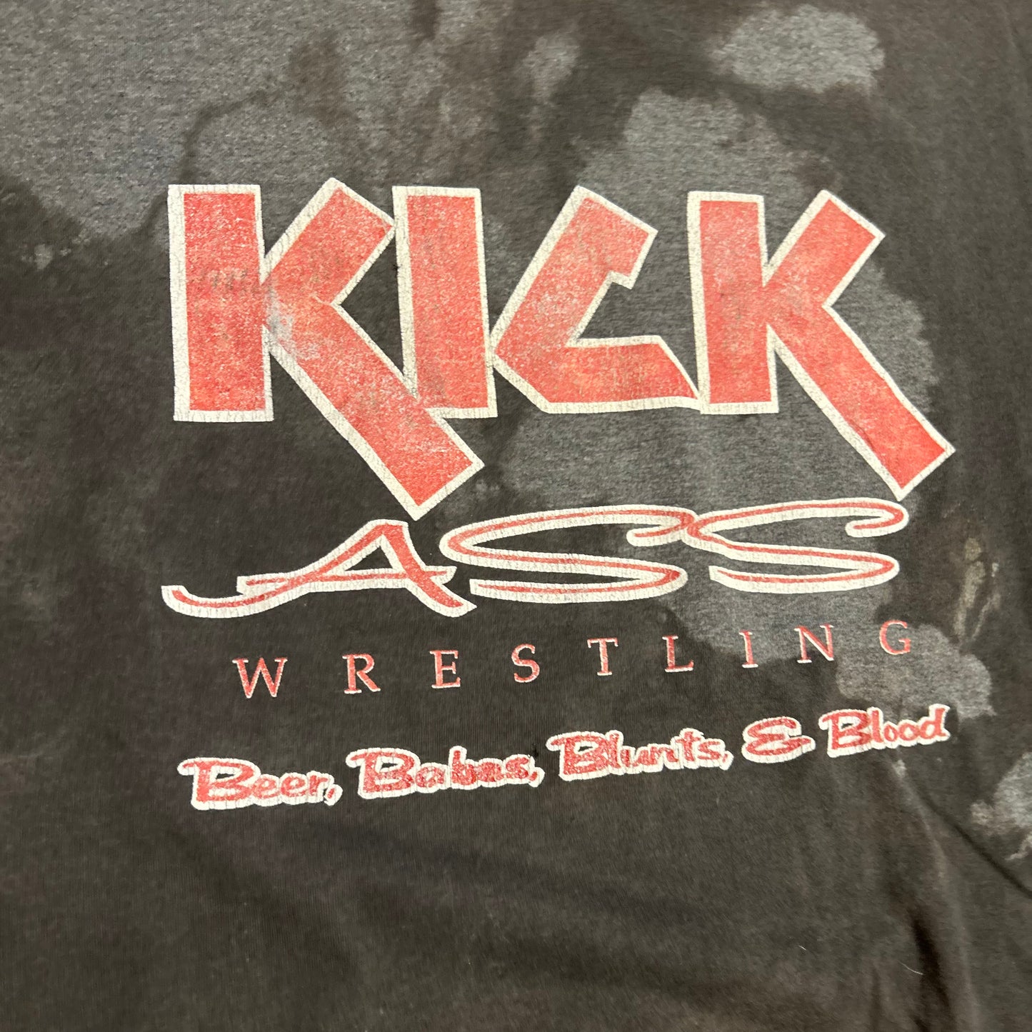 00’s Hanes Heavyweight Kick Ass Wrestling Beer Babes Blunts Blood Black Grey Faded Dyed Cotton Tshirt - XLarge - 24" x 28"