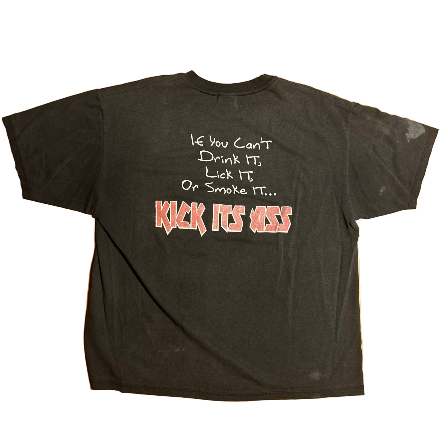 00’s Hanes Heavyweight Kick Ass Wrestling Beer Babes Blunts Blood Black Grey Faded Dyed Cotton Tshirt - XLarge - 24" x 28"