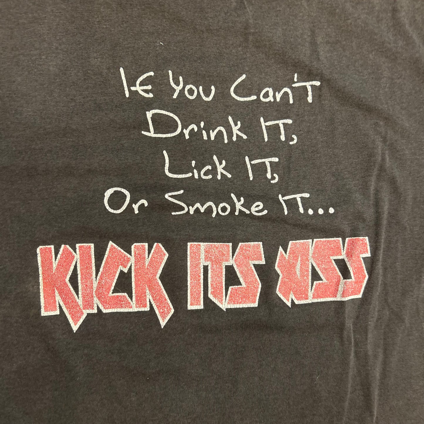 00’s Hanes Heavyweight Kick Ass Wrestling Beer Babes Blunts Blood Black Grey Faded Dyed Cotton Tshirt - XLarge - 24" x 28"