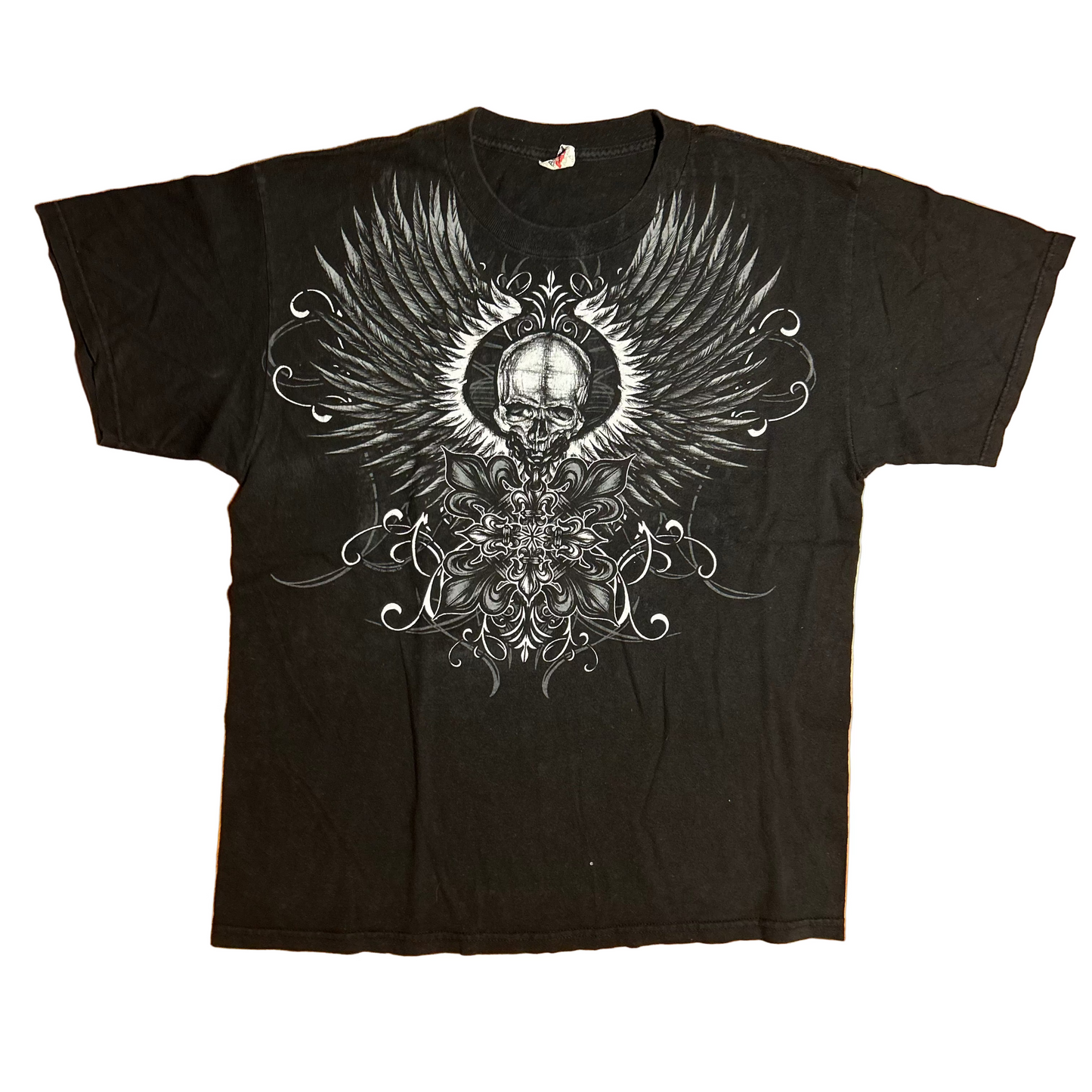 Alstyle Apparel and Activewear Y2K Design Skull Wings Black Cotton Tshirt - Large - 22" x 28.5"