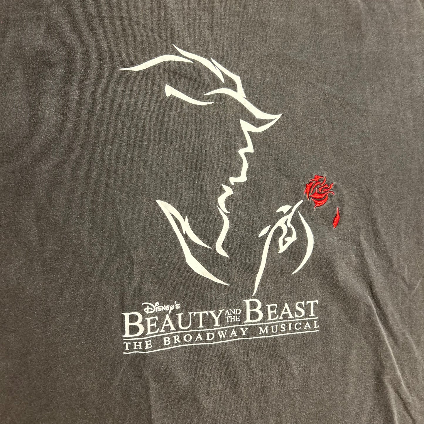 Disney’s Beauty and the Beast Broadway Musical Embroidered Black Grey Faded Cotton Tshirt - Medium - 21" x 28"
