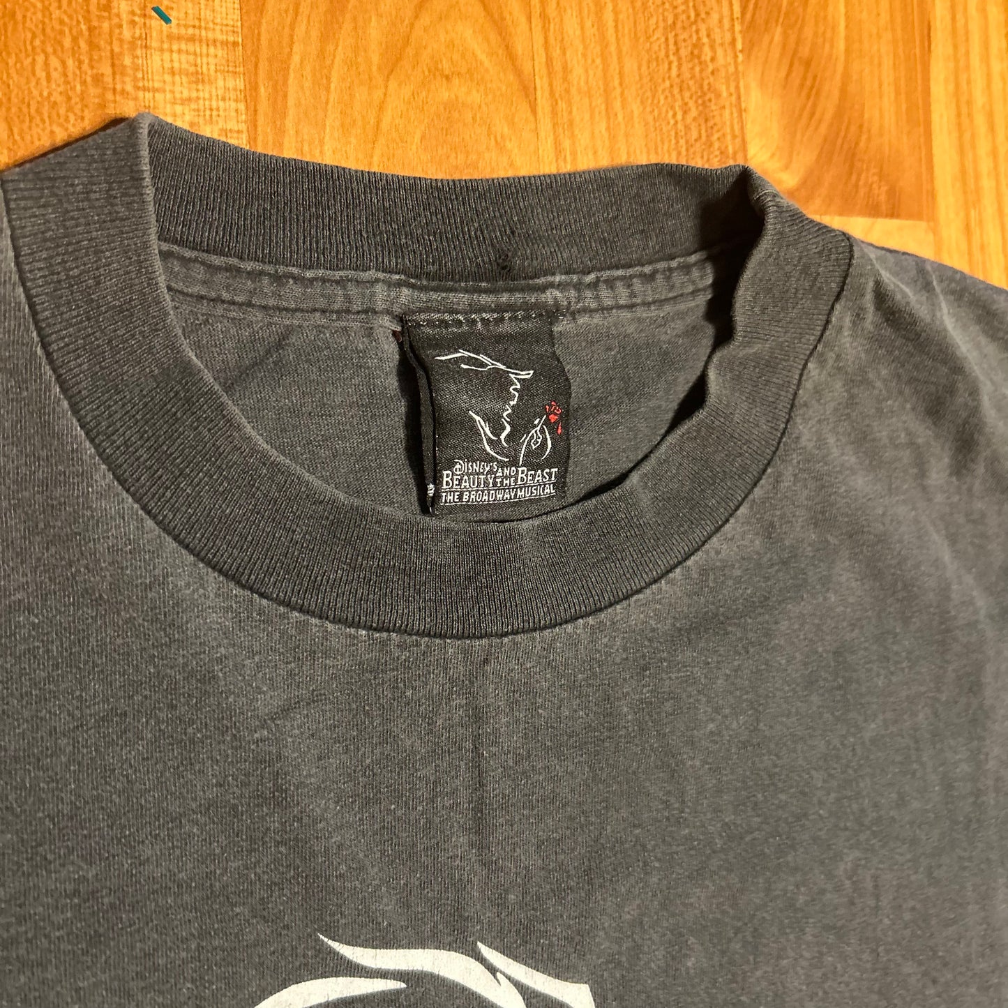 Disney’s Beauty and the Beast Broadway Musical Embroidered Black Grey Faded Cotton Tshirt - Medium - 21" x 28"