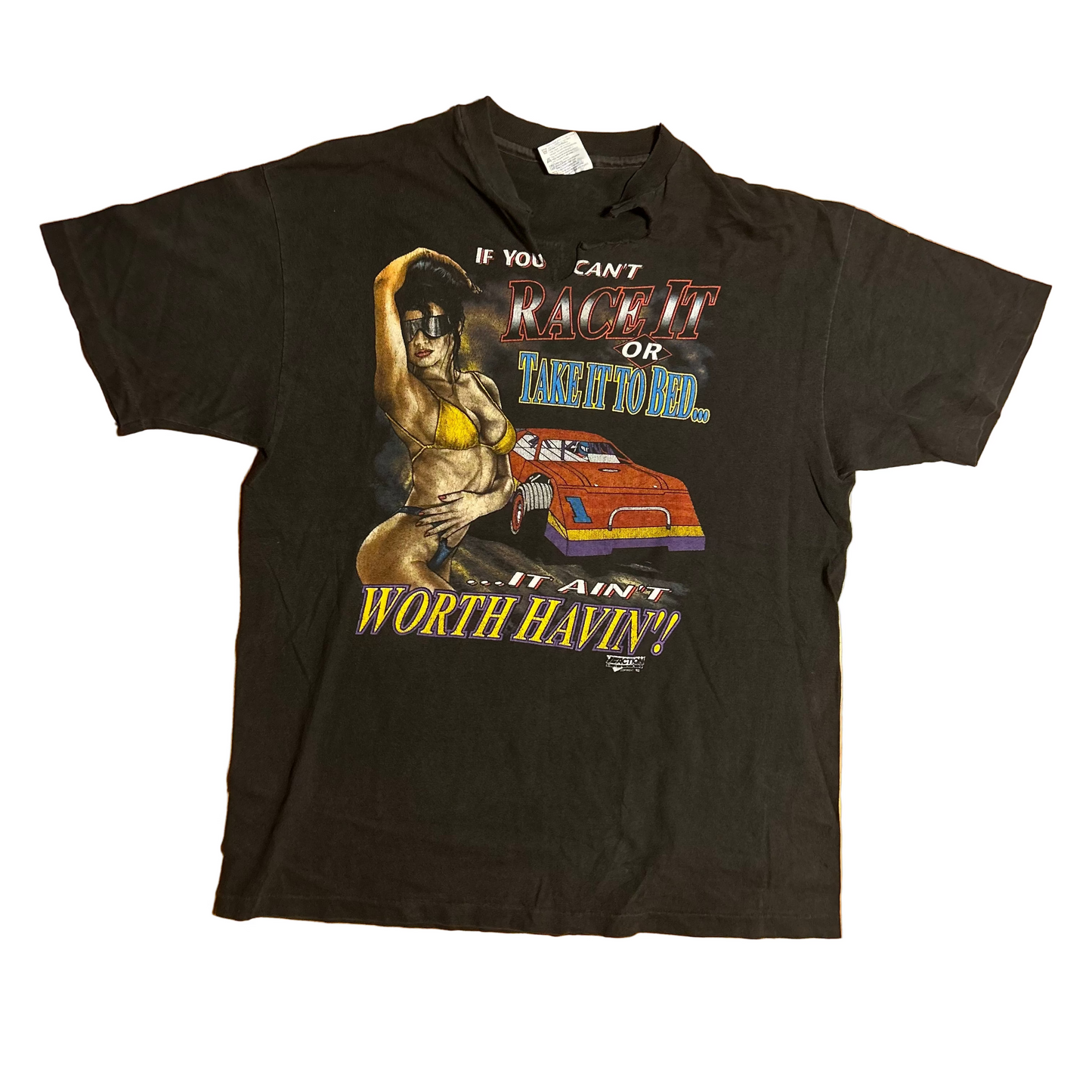 90’s Hanes Beefy T If You Can’t Race It or Take it to Bed it Ain’t Worth Havin 1992 Dirt Track Racing Car Black Grey Faded Cotton Tshirt - Medium - 21.5" x 28"
