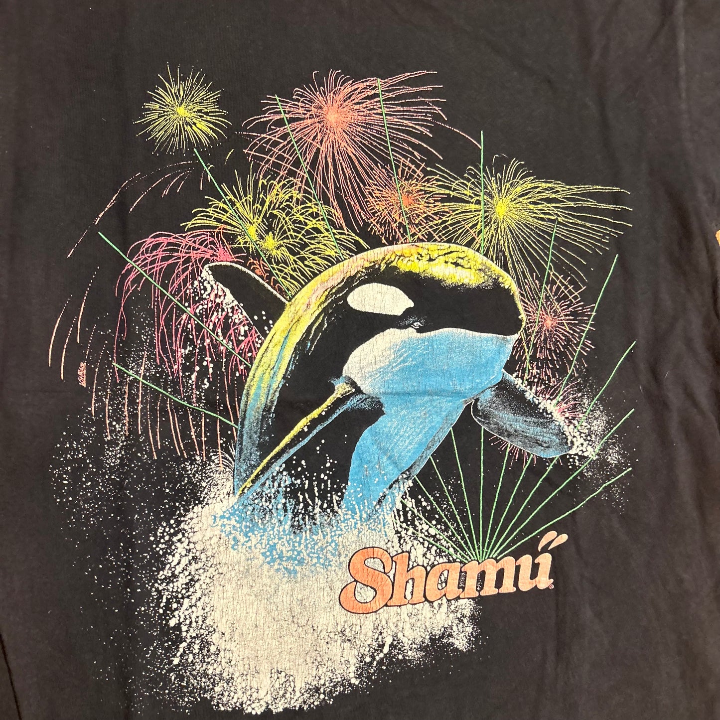 90’s Oneita Phuck Sea World Shamu Orca Whale Black Grey Faded Cotton Tshirt - Small - 19" x 27"
