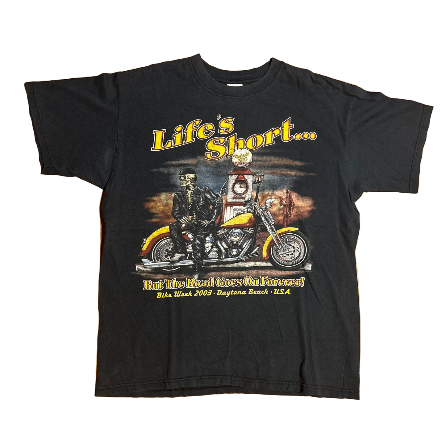 Anvil Life’s Short But the Road Goes on Forever 2003 Motorcycle Bike Week Daytona Beach Florida Black Grey Cotton Tshirt - Medium - 21.5" x 27.5"