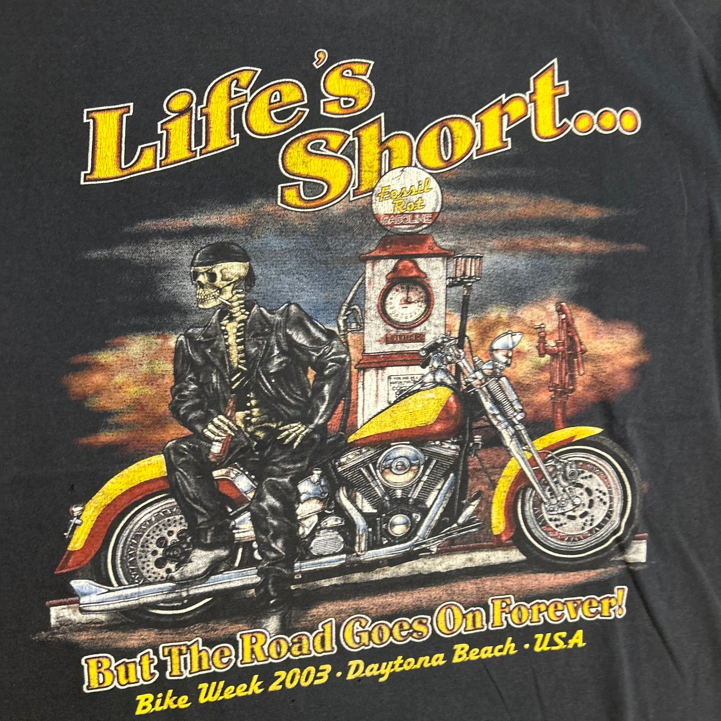 Anvil Life’s Short But the Road Goes on Forever 2003 Motorcycle Bike Week Daytona Beach Florida Black Grey Cotton Tshirt - Medium - 21.5" x 27.5"