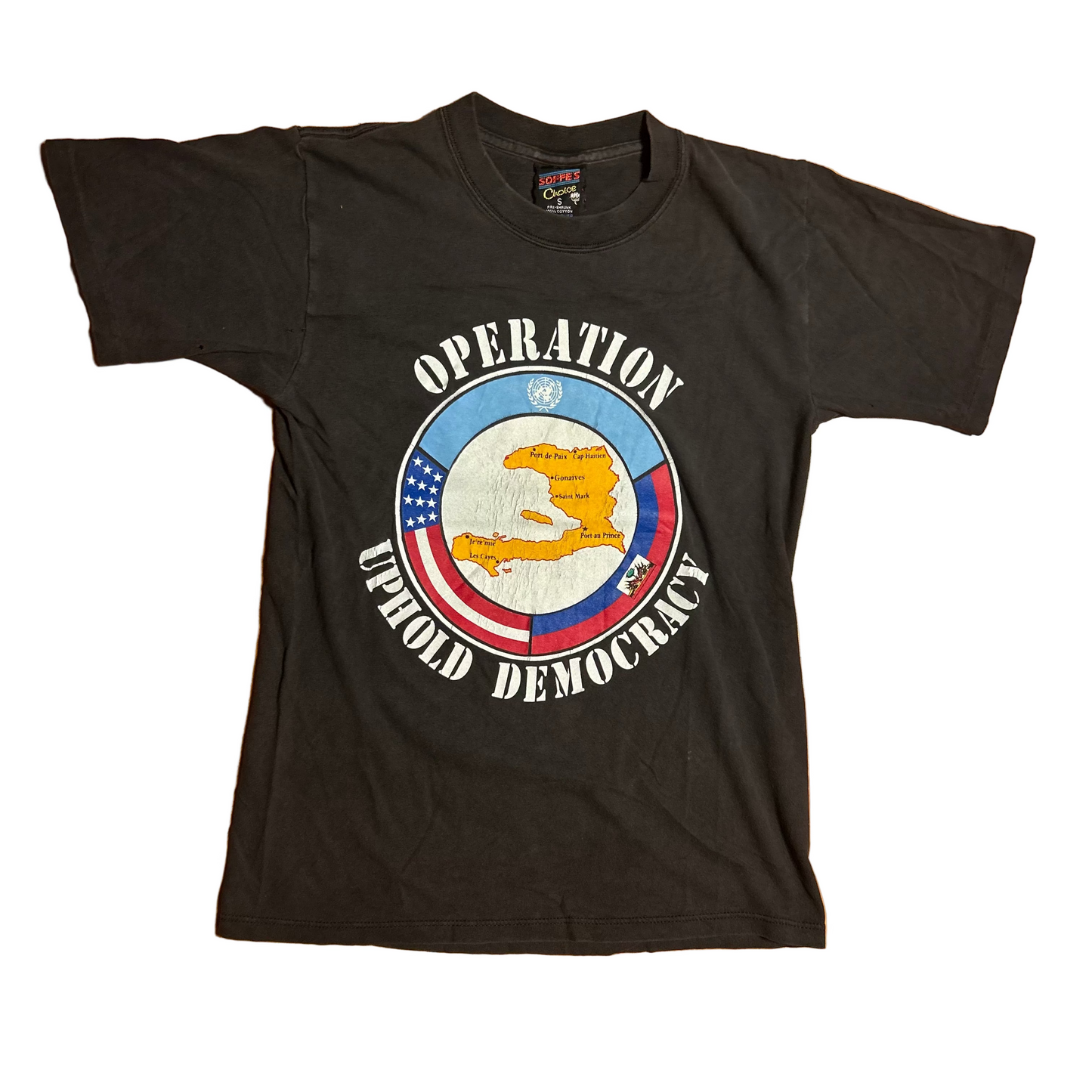 90’s Soffee Choice Operation Uphold Democracy Black Grey Distressed Faded Cotton Tshirt - XSmall - 17.5" x 26"