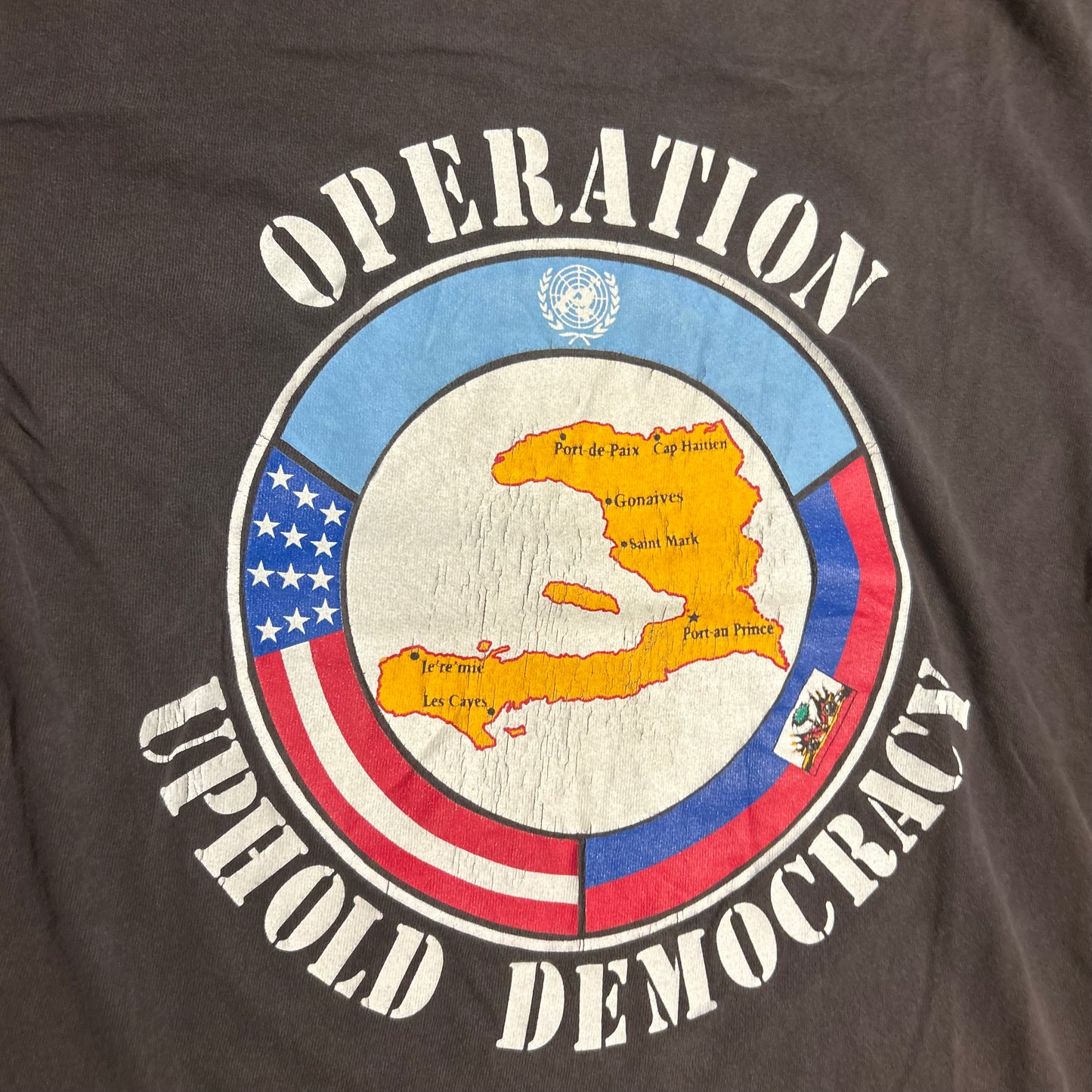 90’s Soffee Choice Operation Uphold Democracy Black Grey Distressed Faded Cotton Tshirt - XSmall - 17.5" x 26"
