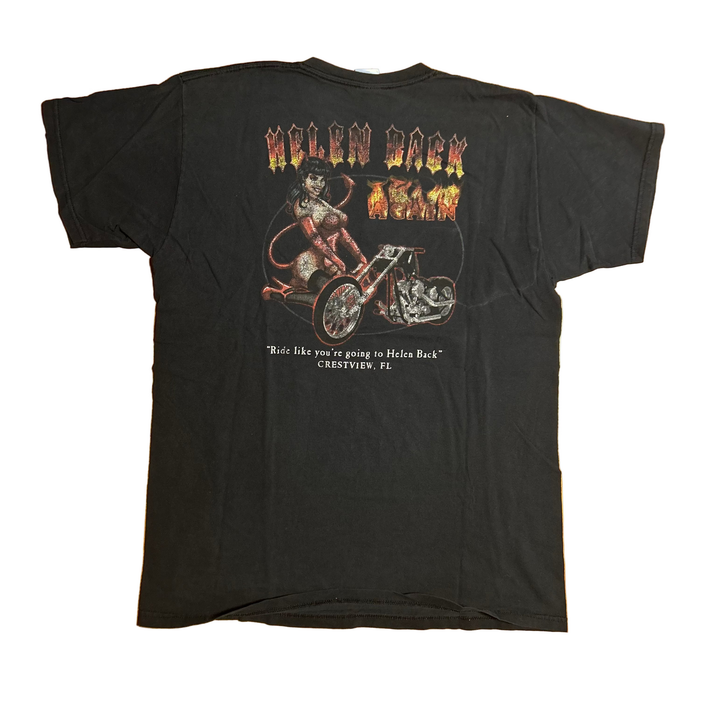 Gildan Ultra Cotton Helen Back Motorcycle Cafe Crestview Florida Black Cotton Tshirt - Large - 22" x 29.5"