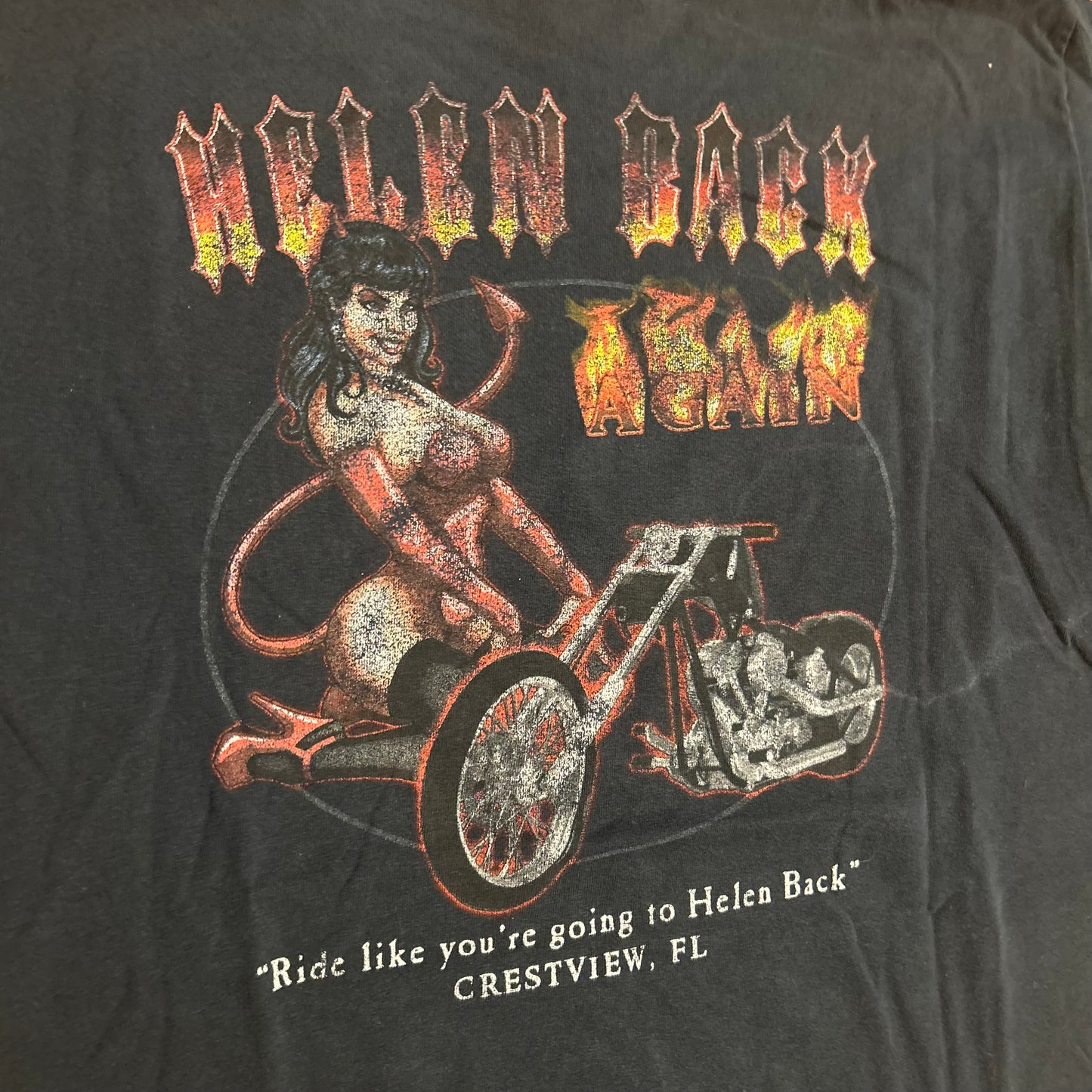 Gildan Ultra Cotton Helen Back Motorcycle Cafe Crestview Florida Black Cotton Tshirt - Large - 22" x 29.5"