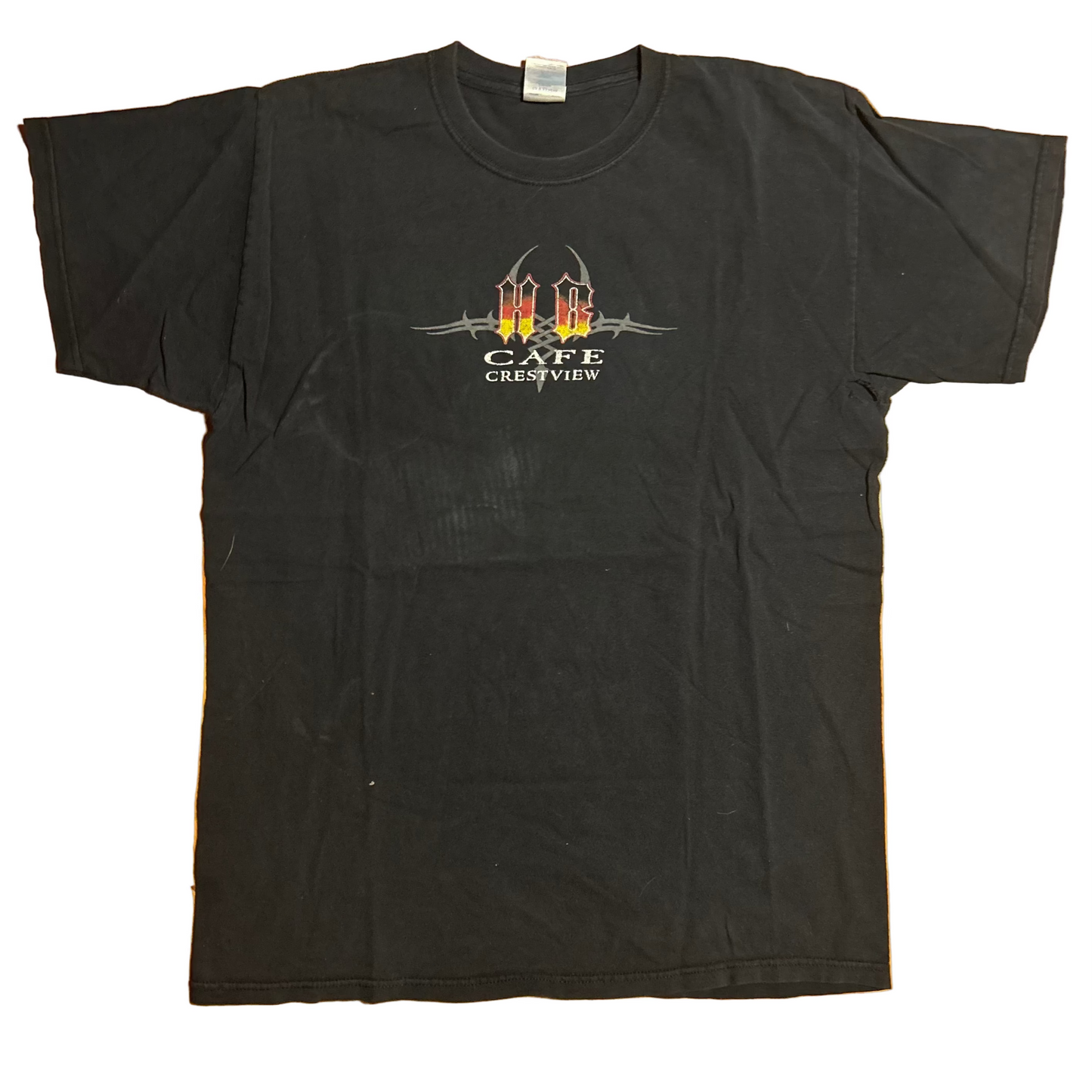 Gildan Ultra Cotton Helen Back Motorcycle Cafe Crestview Florida Black Cotton Tshirt - Large - 22" x 29.5"