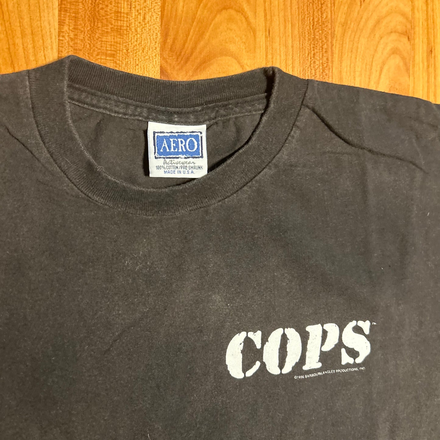90’s AERO Cops 1996 TV Show Black Grey Faded Cotton Tshirt - Boxy XLarge - 25" x 27"
