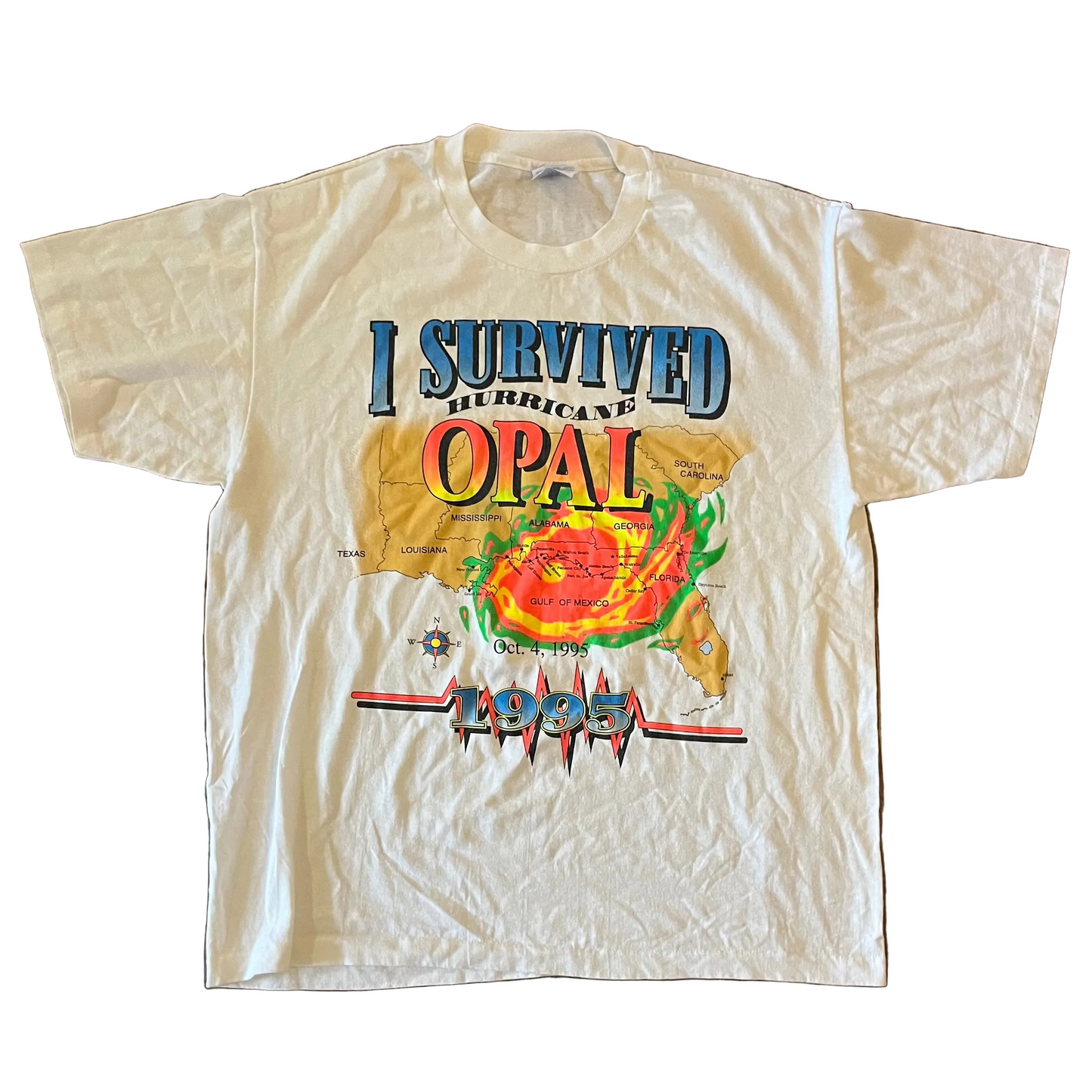 90’s Hanes Heavyweight I Survived Hurricane Opal White Tshirt - Medium - 21.5" x 25"
