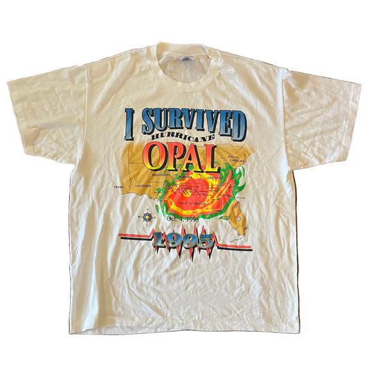 90’s Hanes Heavyweight I Survived Hurricane Opal White Tshirt - Medium - 21.5" x 25"