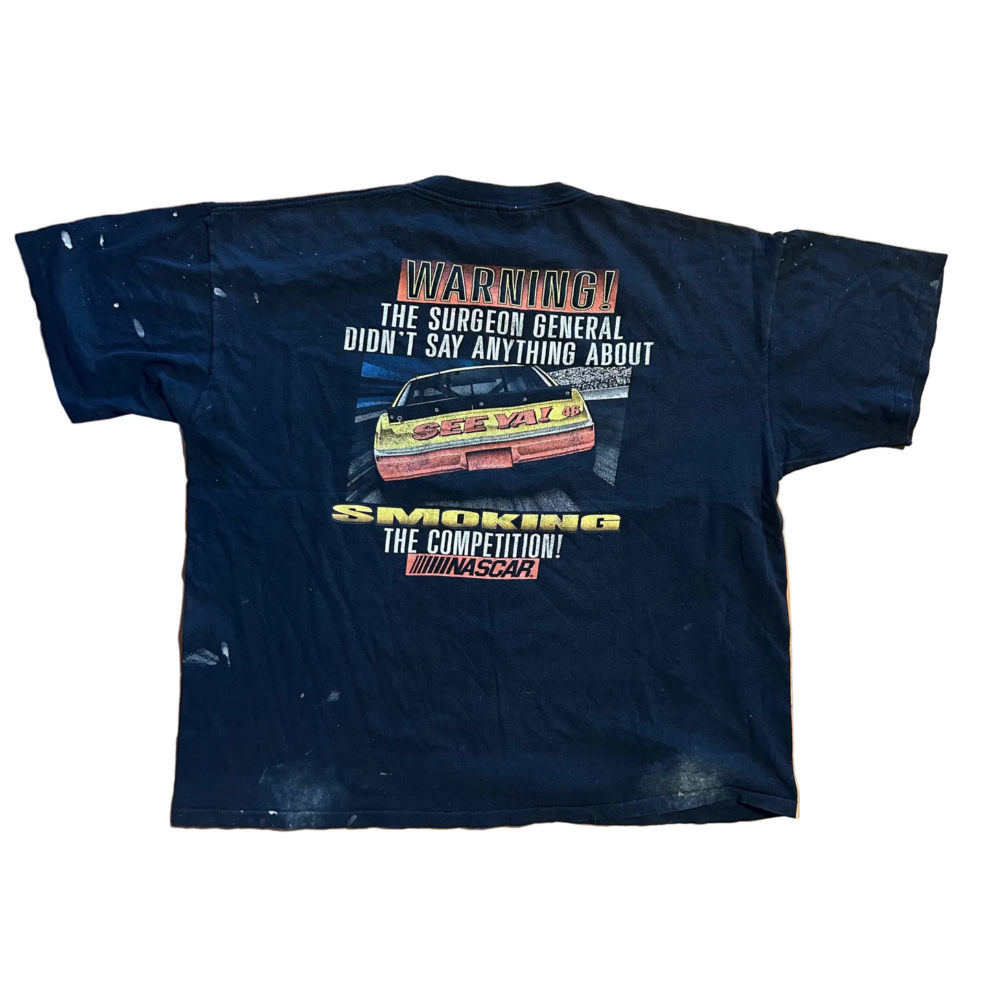 90's Cal Cru NASCAR Smoke The Competition Black Painter Pocket Tshirt - XLarge - 27" x 28.5"