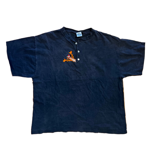 90's Disney Tigger Quarter Button Up Navy Tshirt - XLarge - 24" x 27"