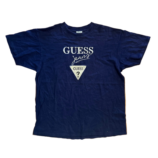 90's Guess Jeans Navy Blue Embroidered Tshirt - XLarge - 24" x 30"