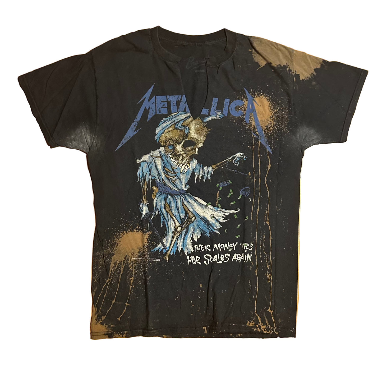Bravado Metallica Band Skull Their Money Tips Her Scales Again Bleached Dyed Black Cut Cotton Tshirt - Medium - 20" x 27"