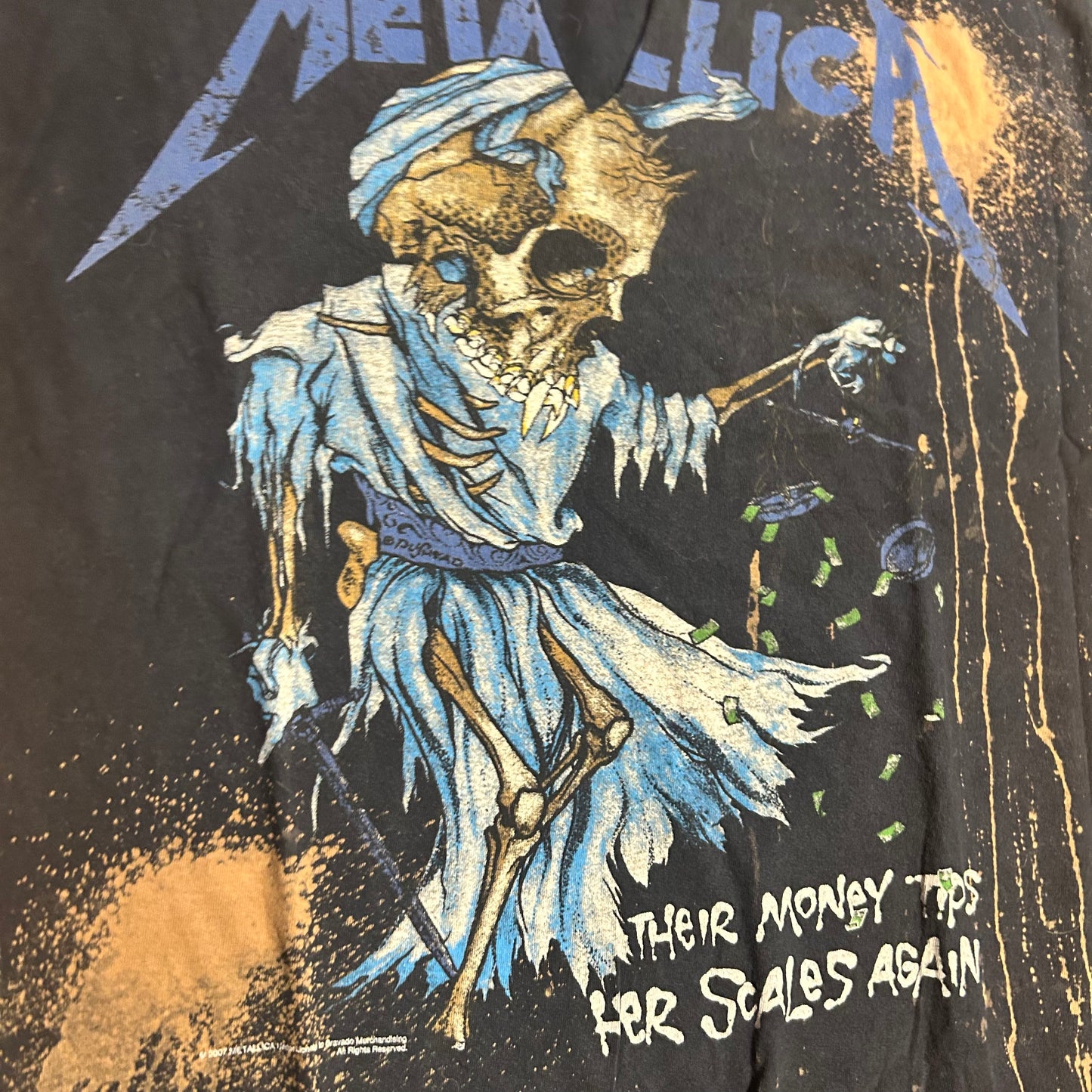 Bravado Metallica Band Skull Their Money Tips Her Scales Again Bleached Dyed Black Cut Cotton Tshirt - Medium - 20" x 27"