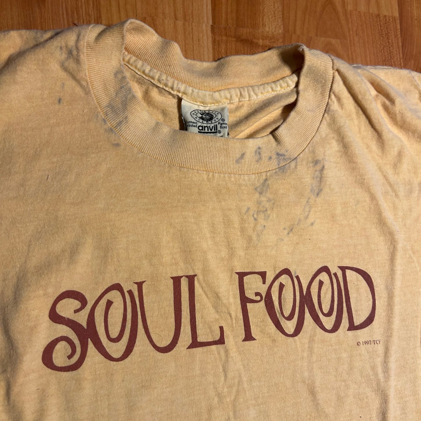 90's Anvil Authentic Pigment Soul Food 1997 TCF Music Yellow Cotton Tshirt - XLarge - 24" x 29"