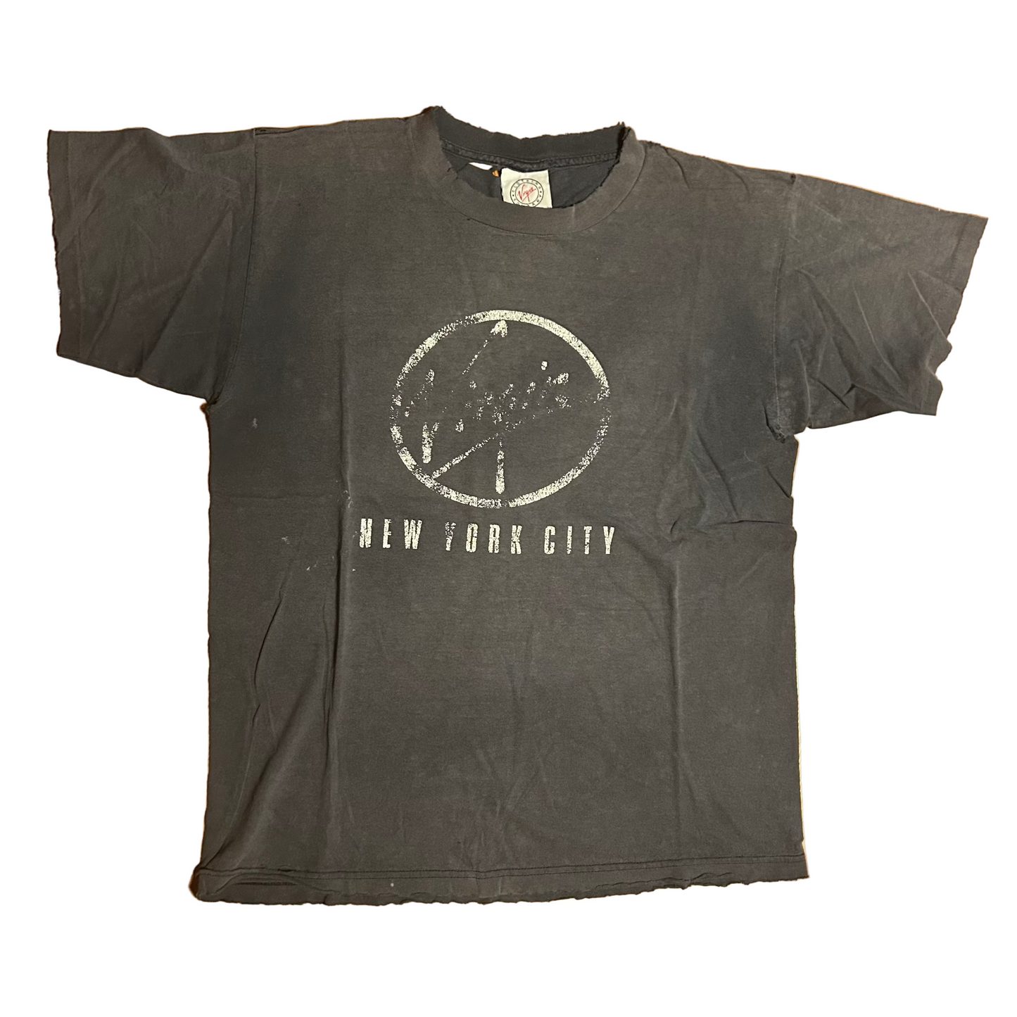 90's Virgin Clothing Company London New York City Music Black Cotton Distressed Tshirt - Large - 22" x 27"