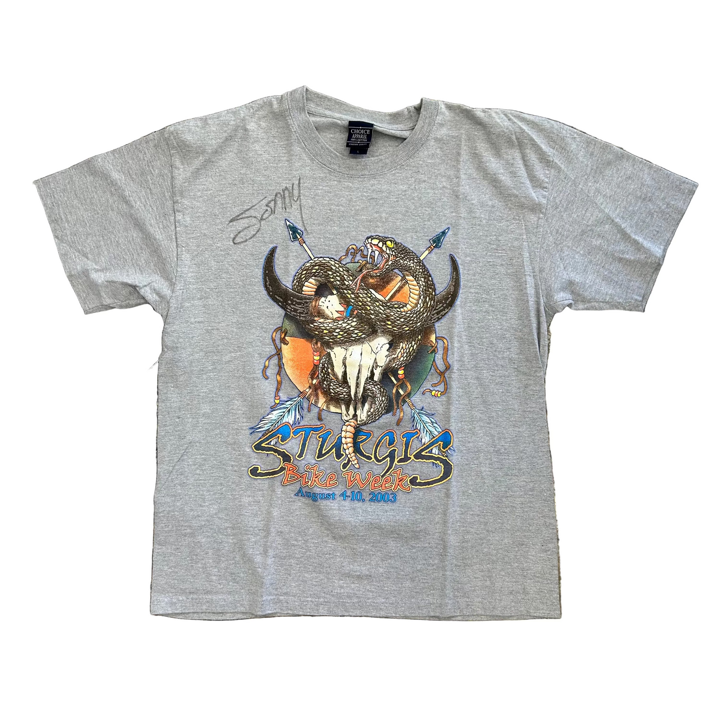 Sturgis South Dakota Sonny Signed Gray Tshirt - Medium - 21" x 27.5"