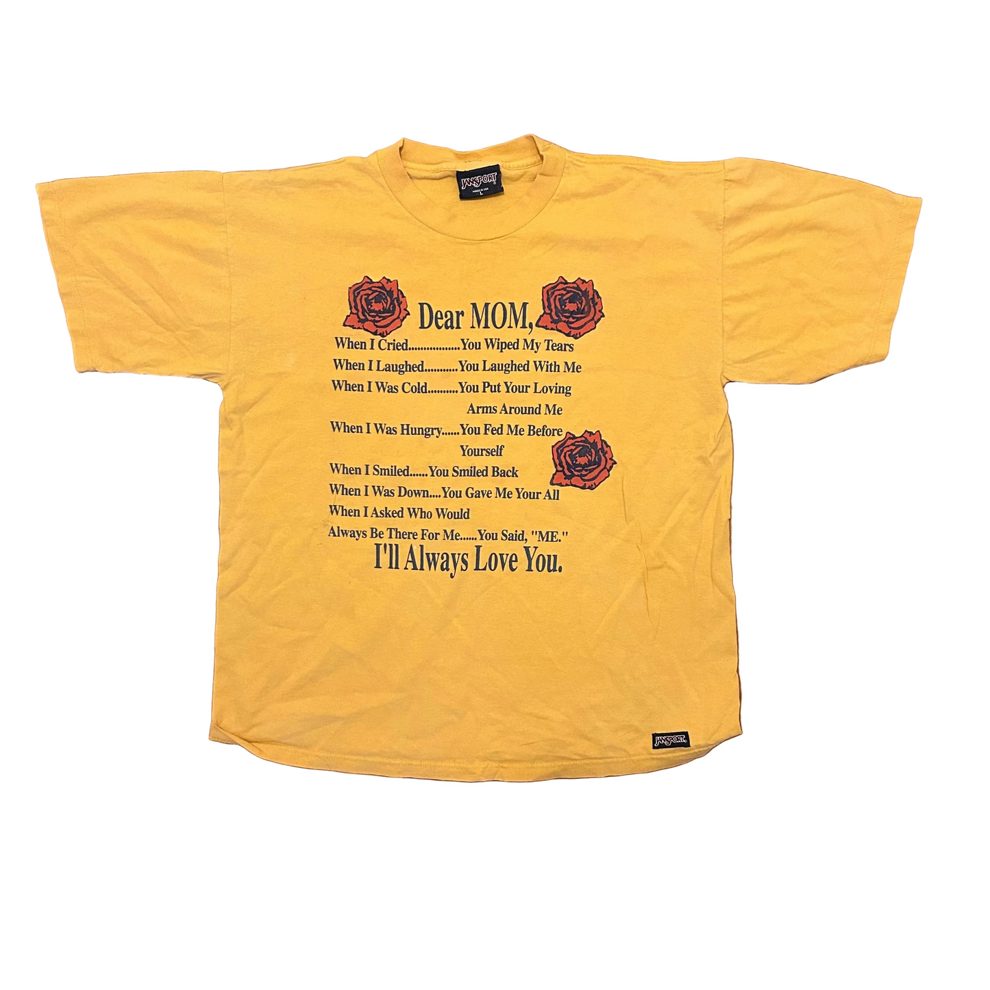 90's Jansport Dear Mom I'll Always Love You Yellow Tshirt - Large - 22" x 28"