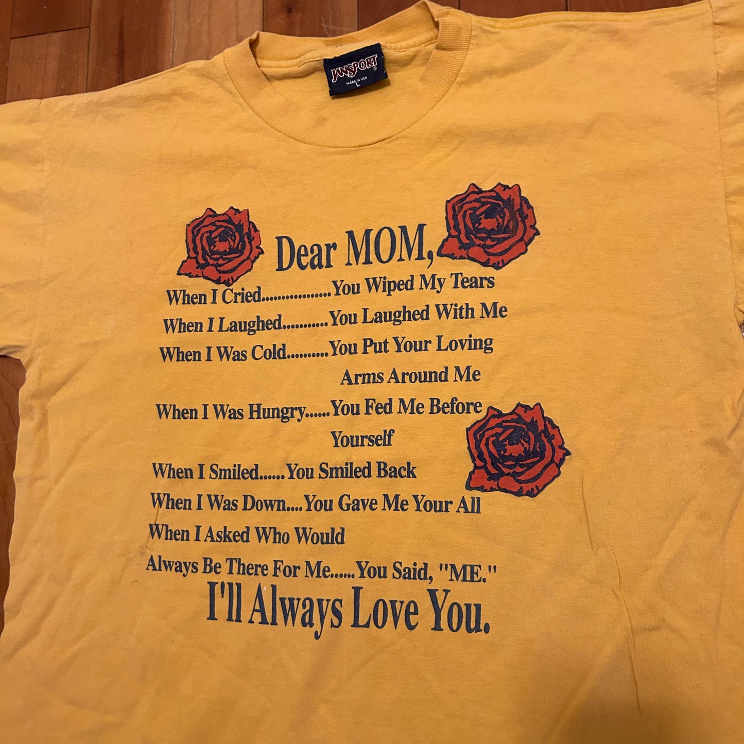 90's Jansport Dear Mom I'll Always Love You Yellow Tshirt - Large - 22" x 28"