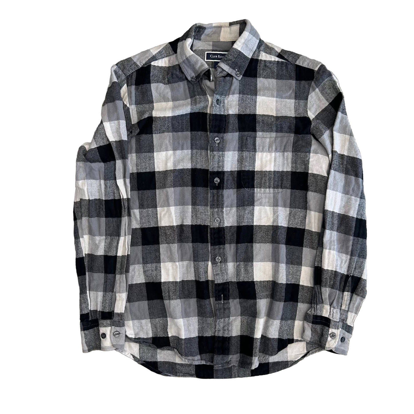 Club Room Black White Grey Button Down Flannel Shirt - Large - 22" x 28"