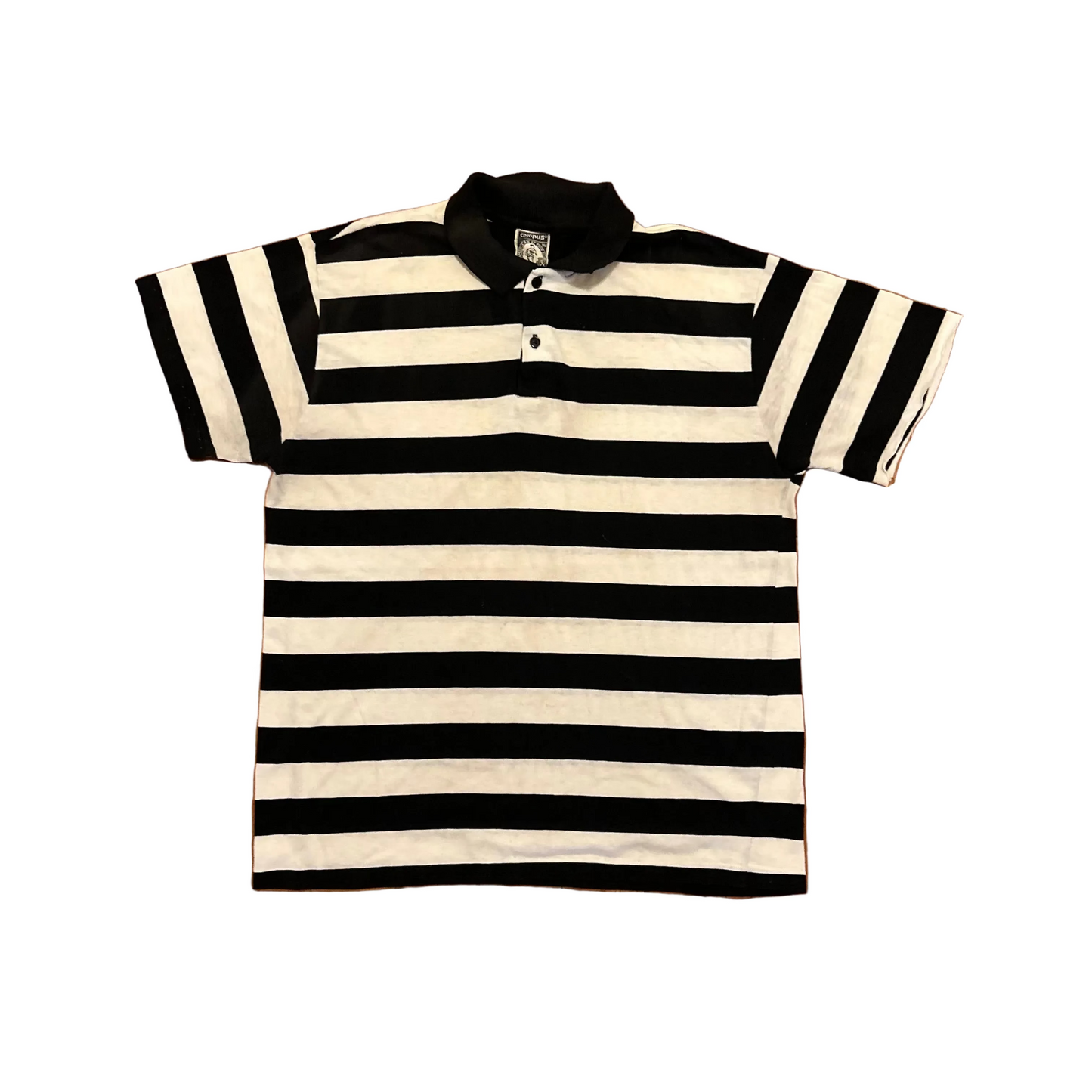 90's Campus American Action Gear Black White Horizontal Striped Polo Collared Tshirt - Medium - 21" x 27"