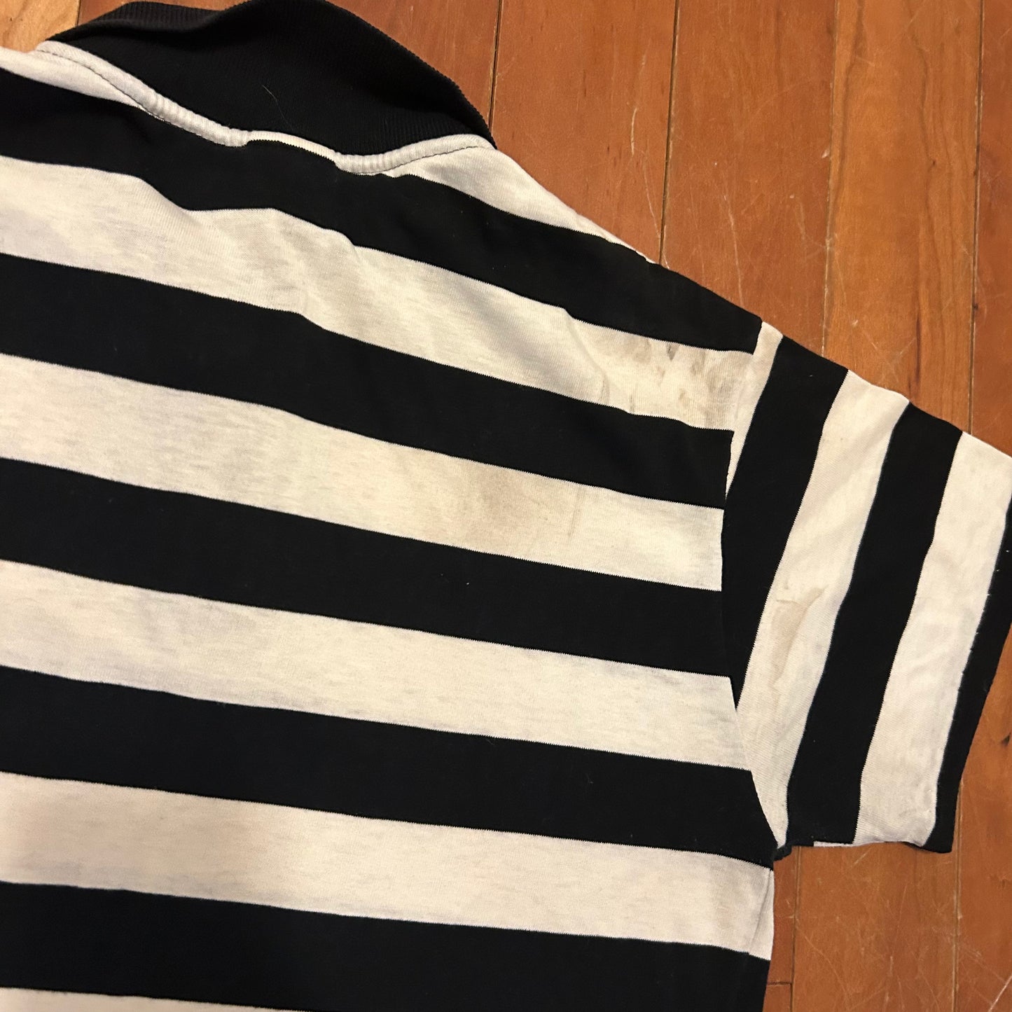 90's Campus American Action Gear Black White Horizontal Striped Polo Collared Tshirt - Medium - 21" x 27"