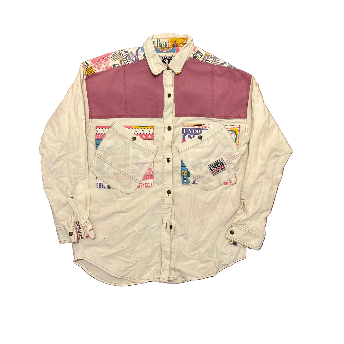 90's Get Name Used By Elie Classic Jeans White Pink Multicolor Button Up Shirt - Medium - 21.5" x 28"