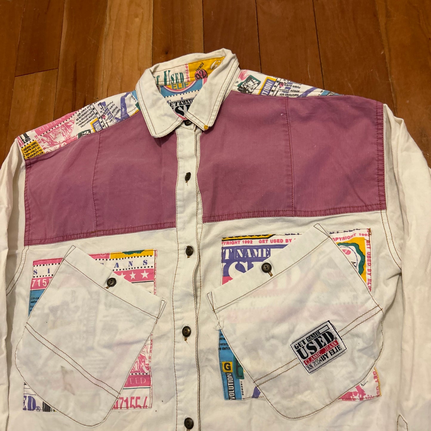 90's Get Name Used By Elie Classic Jeans White Pink Multicolor Button Up Shirt - Medium - 21.5" x 28"