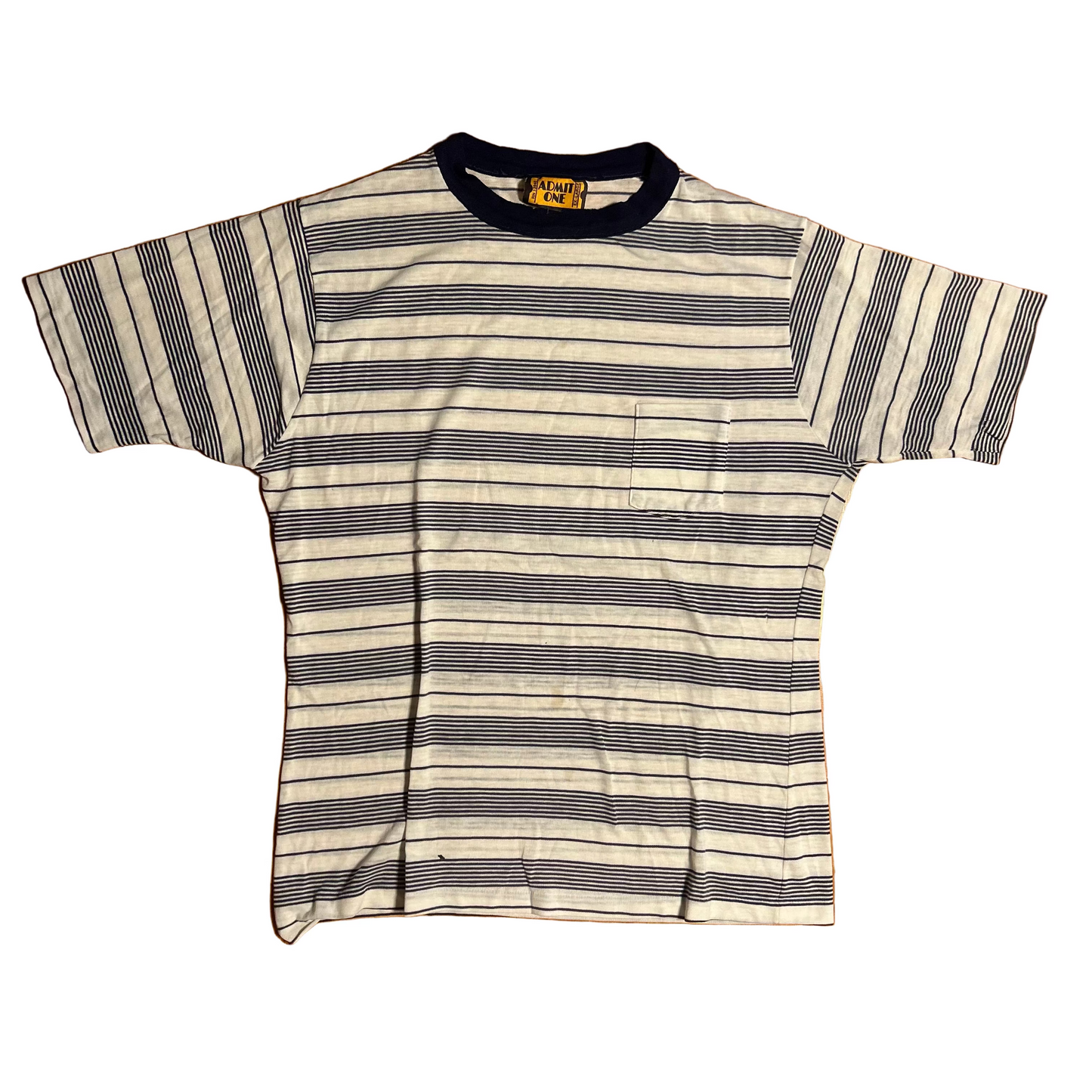 80's Admit One Blue Striped Pocket Tshirt - Medium - 21" x 28"