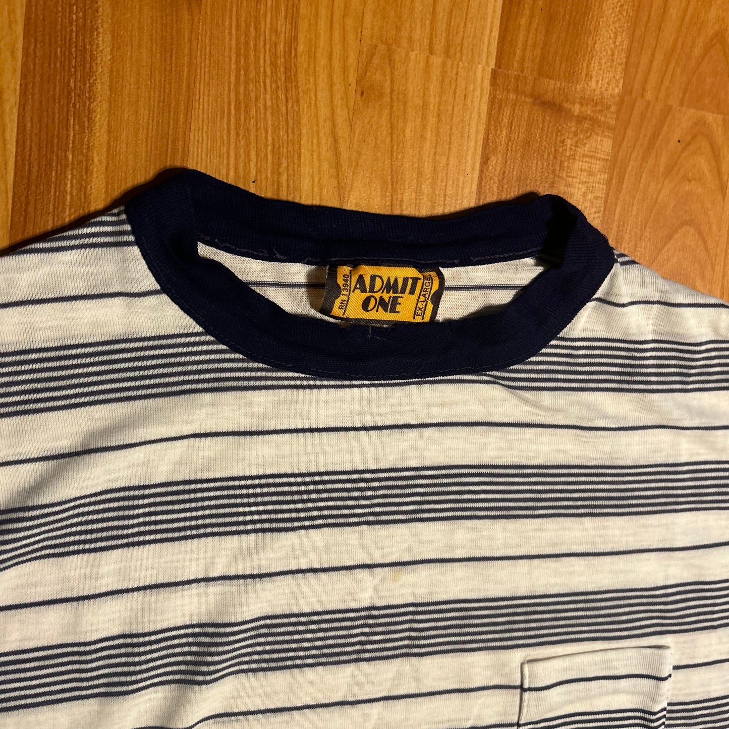 80's Admit One Blue Striped Pocket Tshirt - Medium - 21" x 28"