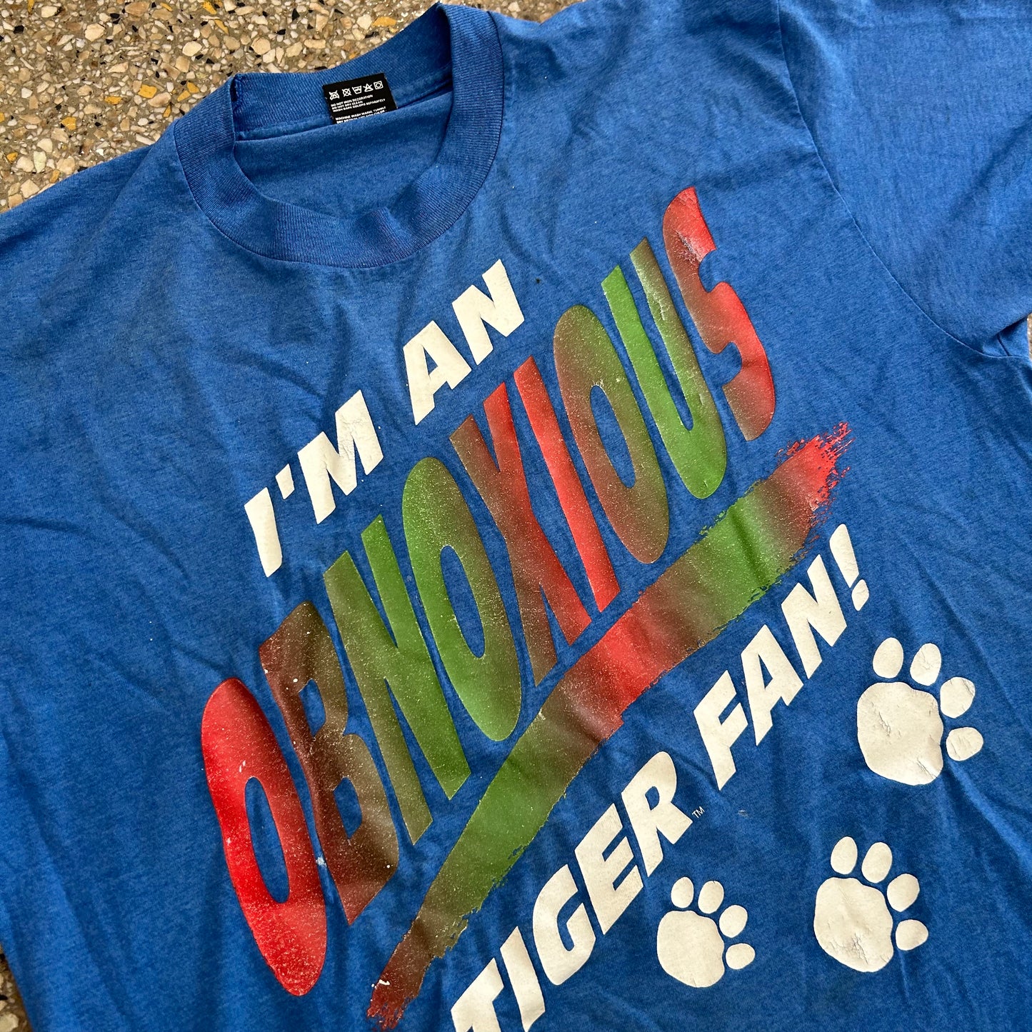 90's Obnoxious Tiger Fan Blue Tshirt - Large - 22" x 29.5"