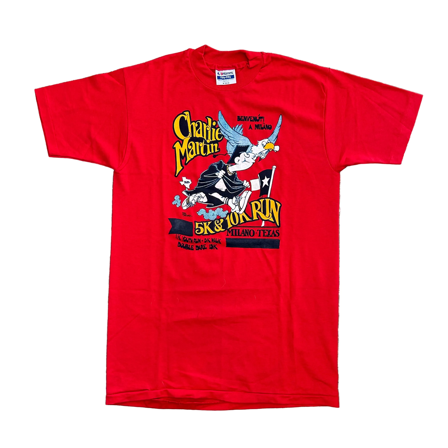 80/90's Hanes Fifty Fifty Charlie Martin Running Red Tshirt - Small - 18" x 29"