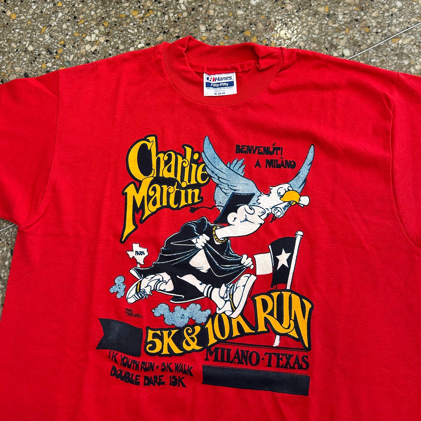80/90's Hanes Fifty Fifty Charlie Martin Running Red Tshirt - Small - 18" x 29"