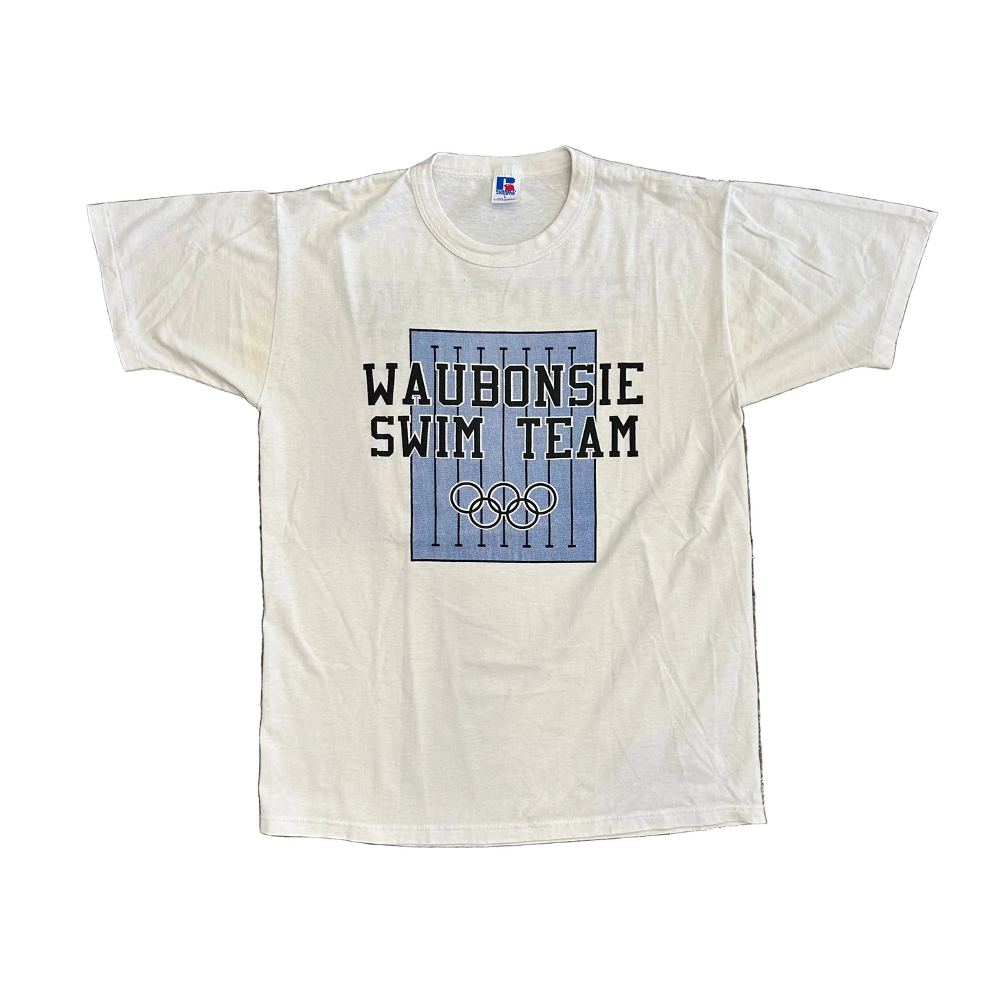 80's Russell Athletics Swimming for the Red White Blue Wabonese White Tshirt - Medium - 20" x 27"