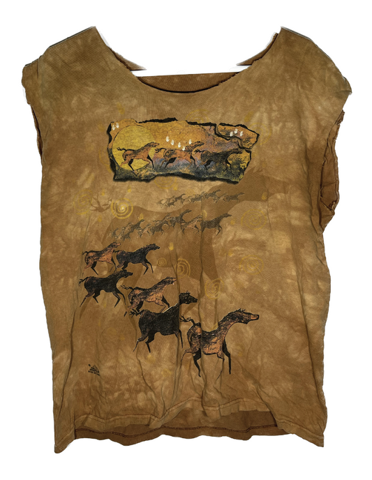 Horses Tie Dye Cutoff Tank Top Shirt - Medium - 21” x 23”