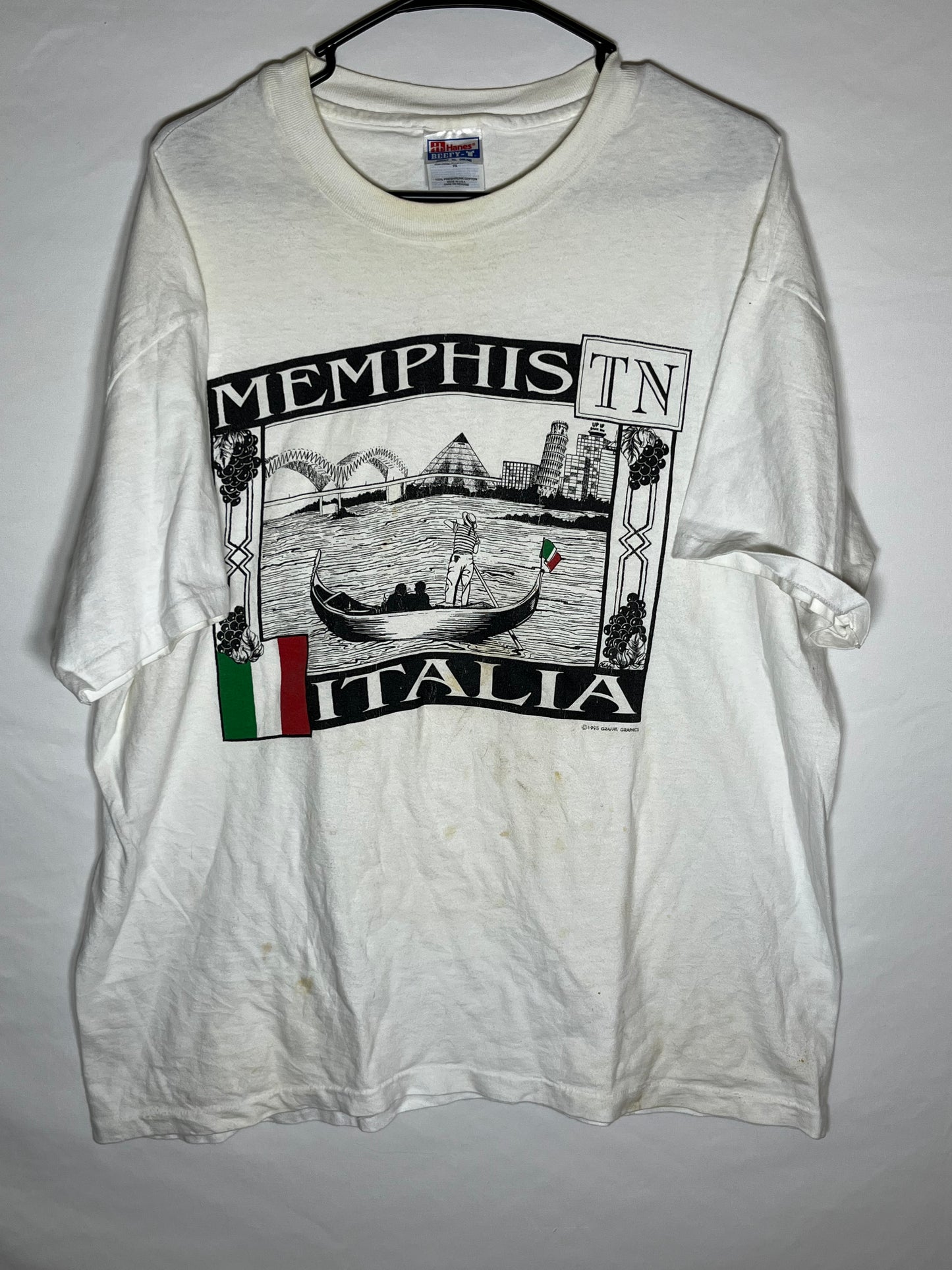 90 年代 Hanes Beefy Memphis Italia T 恤 - 大号 - 23 英寸 x 28.5 英寸