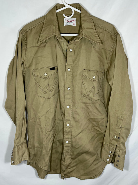 90's Wrangler Khaki Button Up Pearl Snap Shirt - Large - 23” x 30.5”