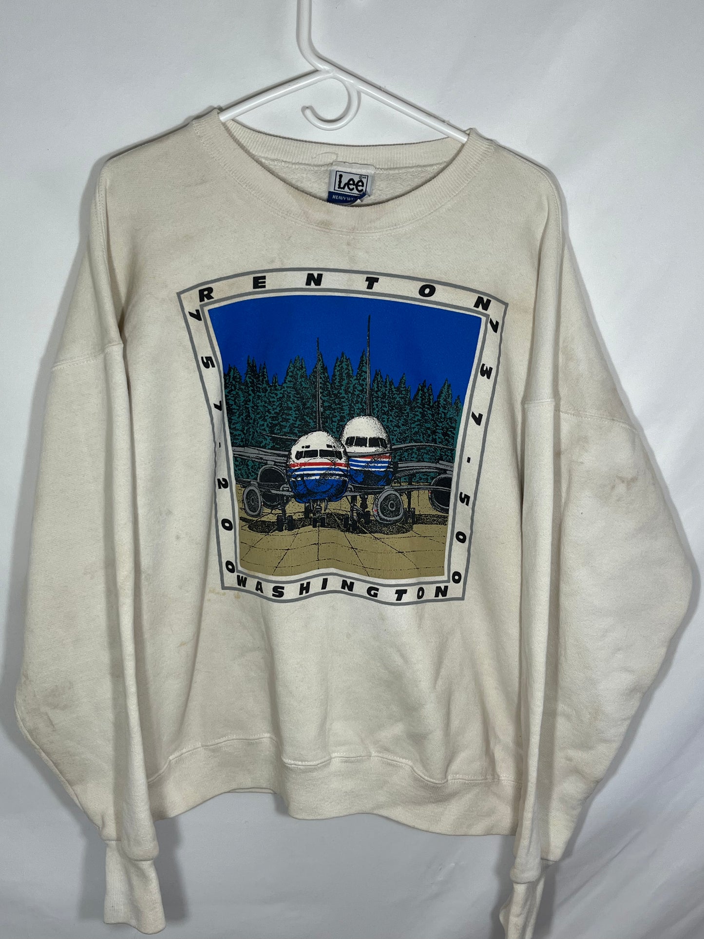 90's Lee Renton 737 Washington Plane Crewneck Sweatshirt - XLarge - 25” x 24.5”