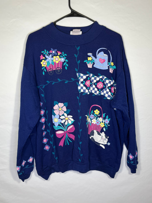 90’s Flower Kitty Crewneck Sweatshirt - XLarge - 25” x 26”