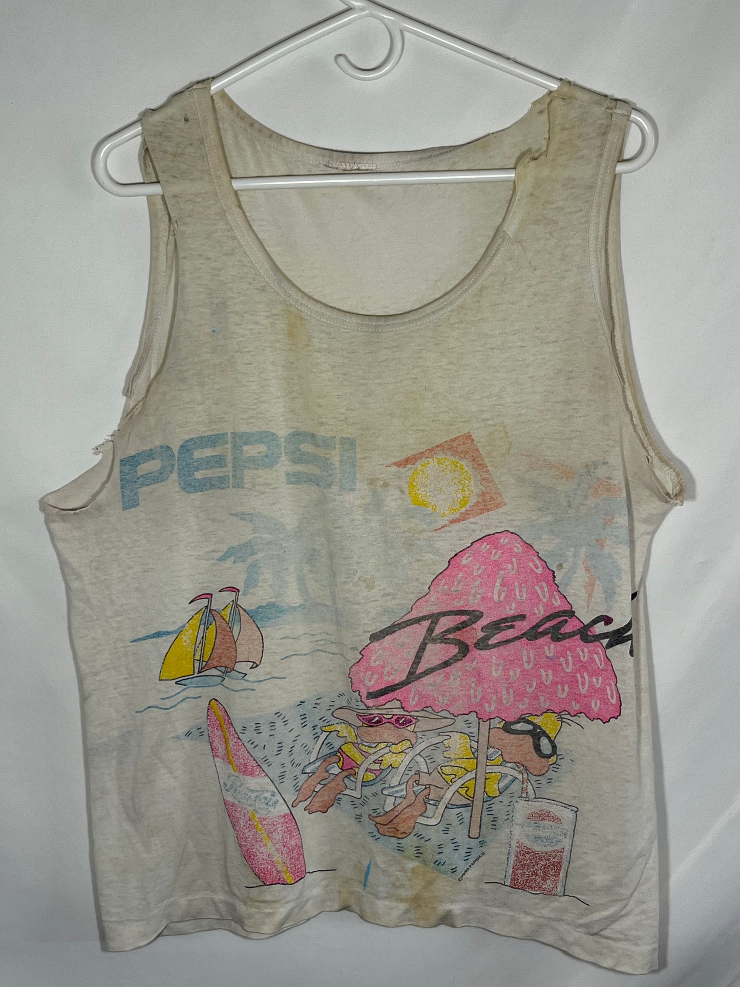 80's Thrashed Pepsi Tanktop Shirt - Large - 23” x 23.5”