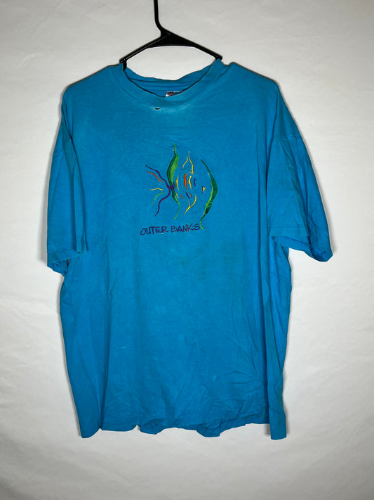 90 年代 Hanes Beefy Outer Banks T 恤 - 大号 - 23 英寸 x 27 英寸